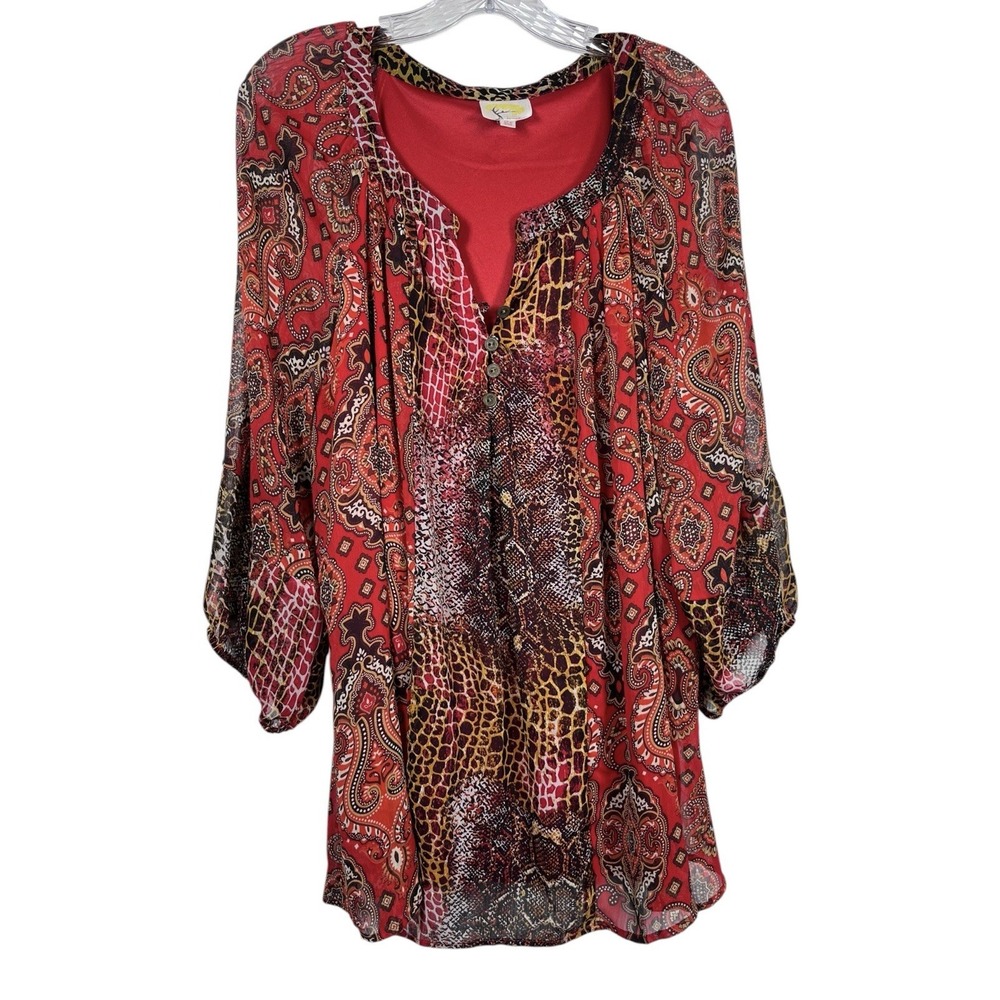 FIG & FLOWER Sz 2X Top Sheer Boho Red Paisley Snakeskin Print Peasant Blouse Tie